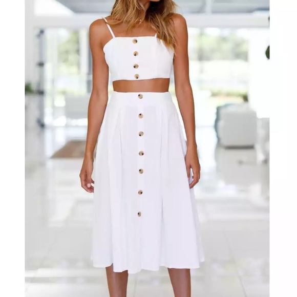 Dresses & Skirts - White Crop Top Skirt Set Button Down